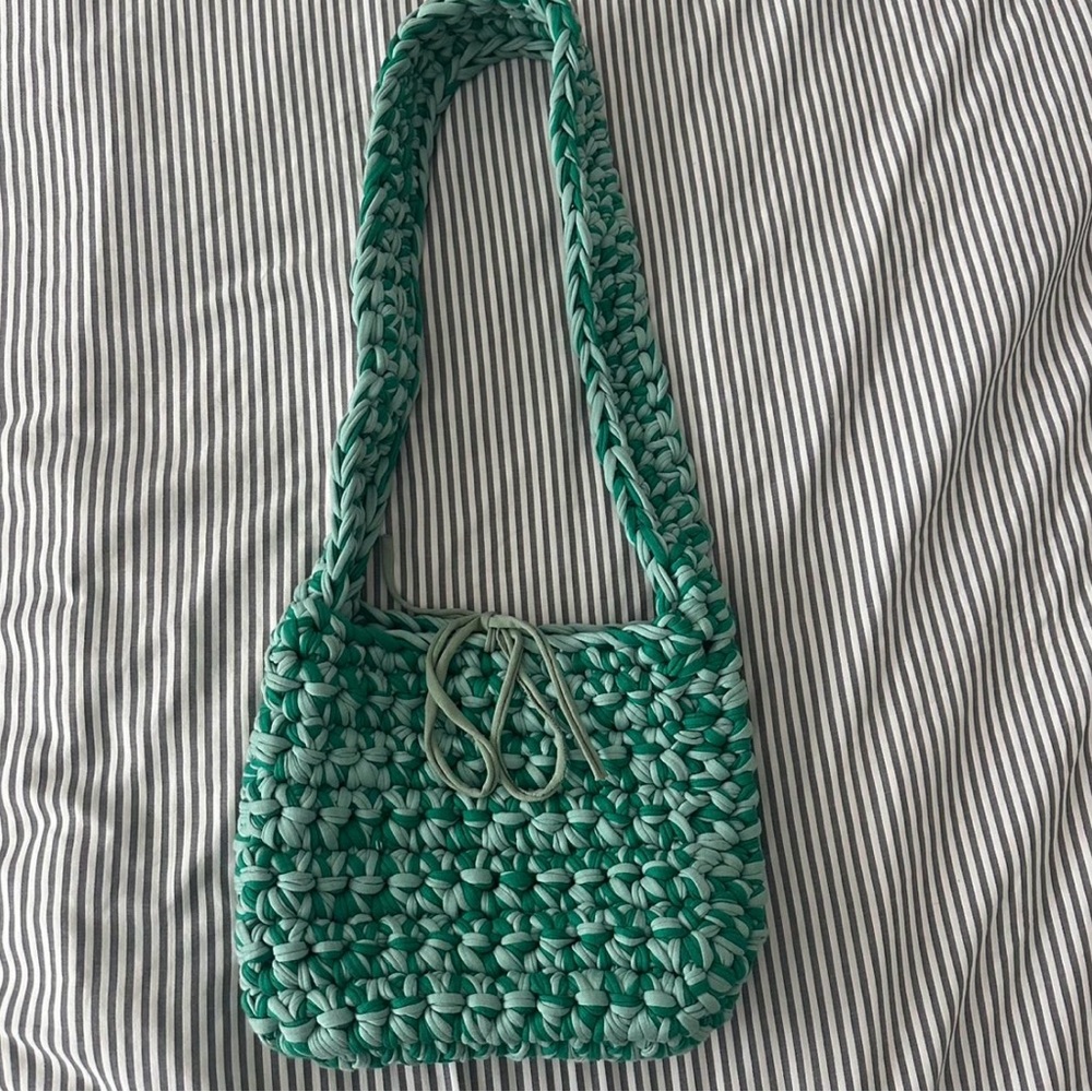 Green and White Woven Shoulder Bag